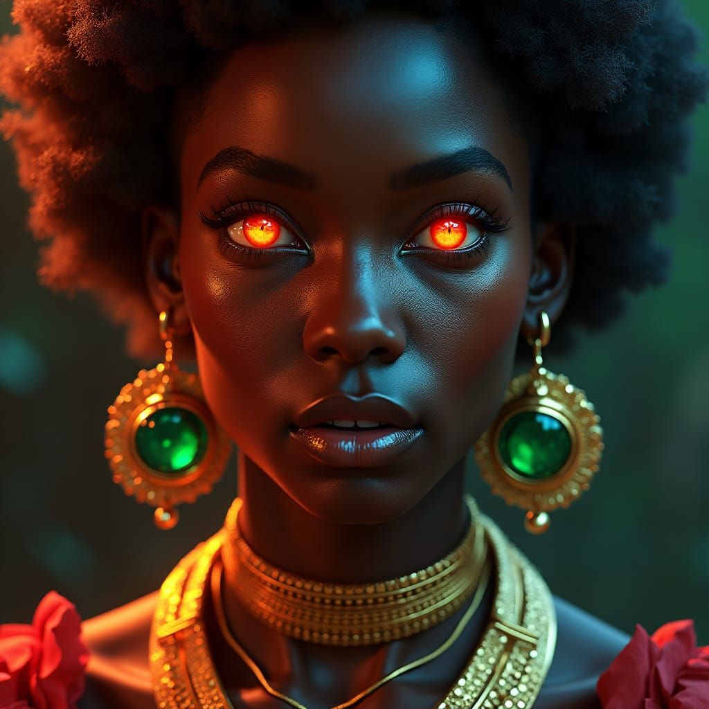 Fiery-Eyed Girl with Gold Jewelry in Cyberpunk Fantasy Style