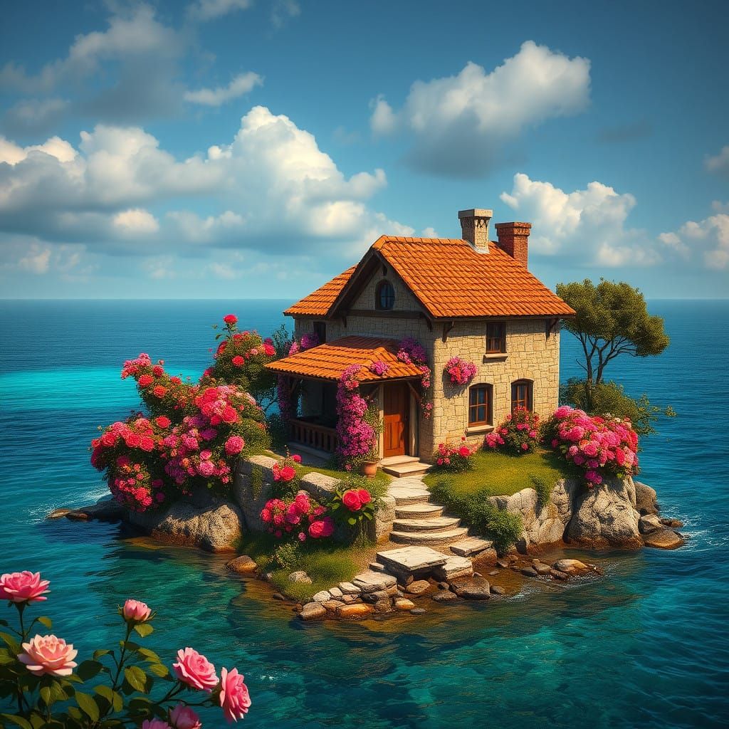 Idyllic Stone Cottage Amidst Vibrant Roses on a Secluded Isl...