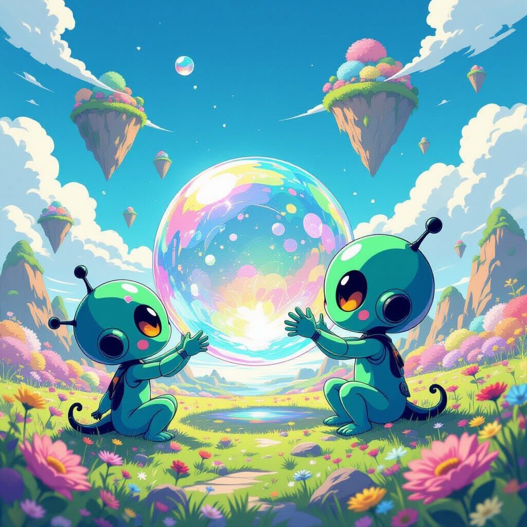 Playful Alien Children in a Surreal Landscape
