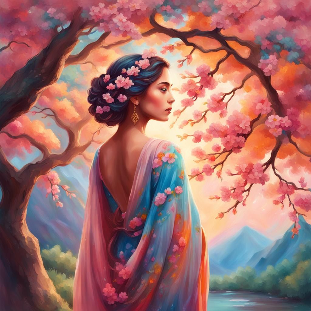 Spring Lady in Colorful Tree, Fantasy Oil Painting