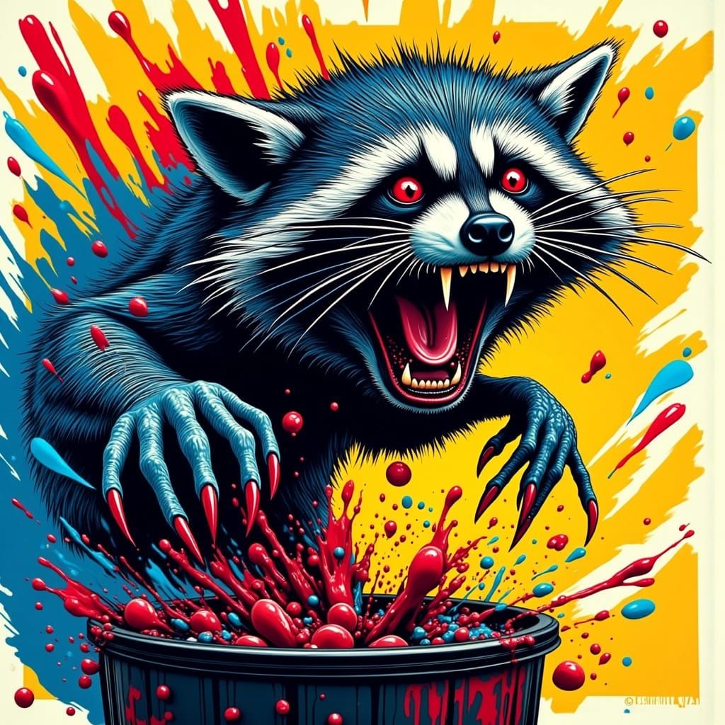 Frenzied Raccoon in a Splattered Pop Art Scene