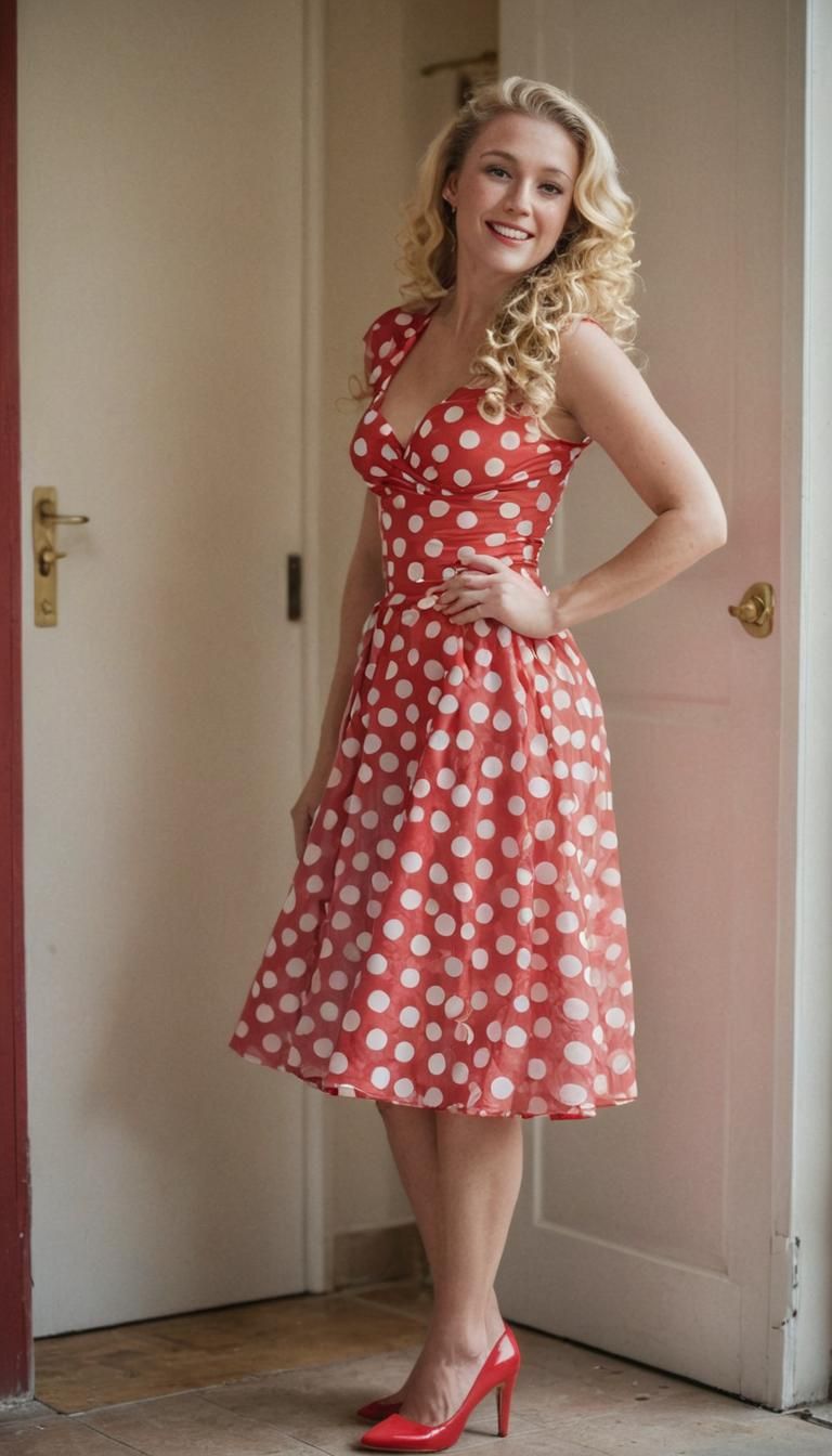 Stunning Mother in 50s Style Red Polka Dot Dress