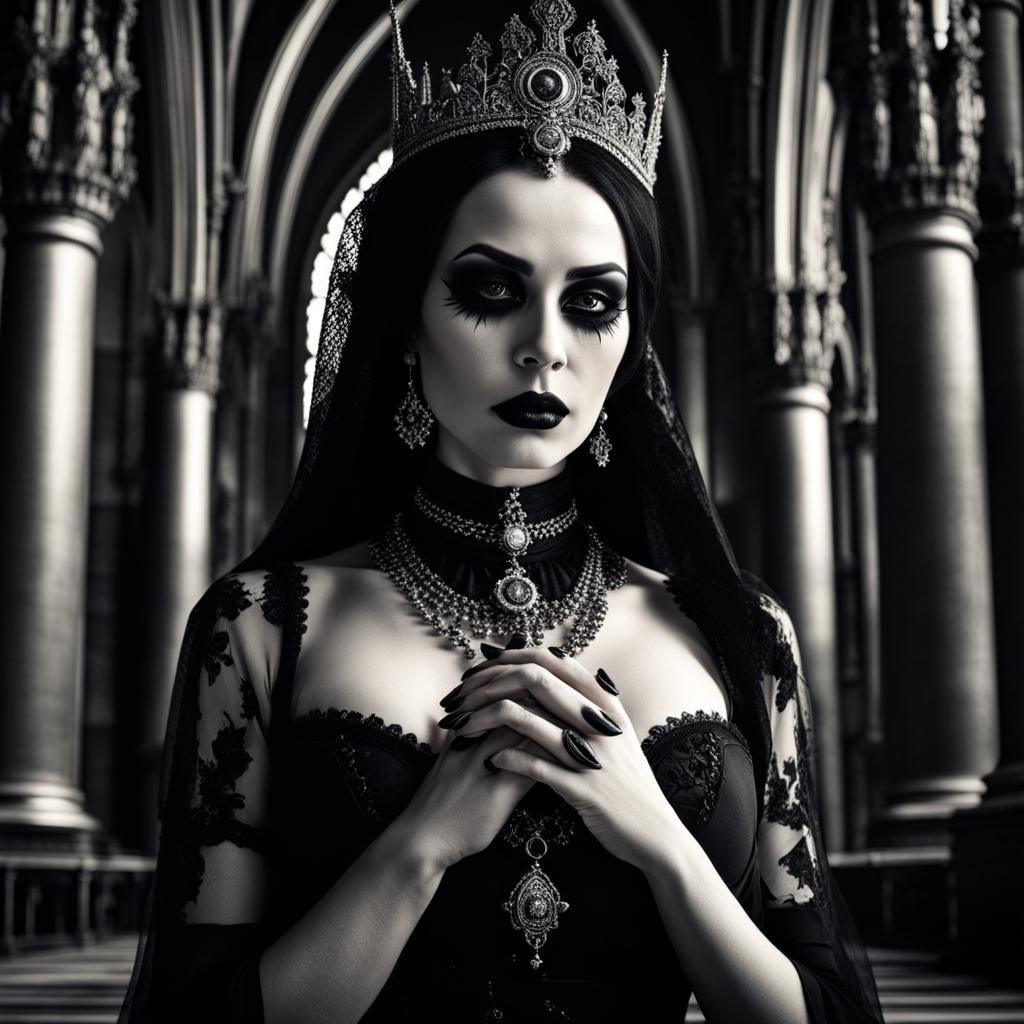 Gothic Woman Praying in Cathedral: Hyperrealistic Horror