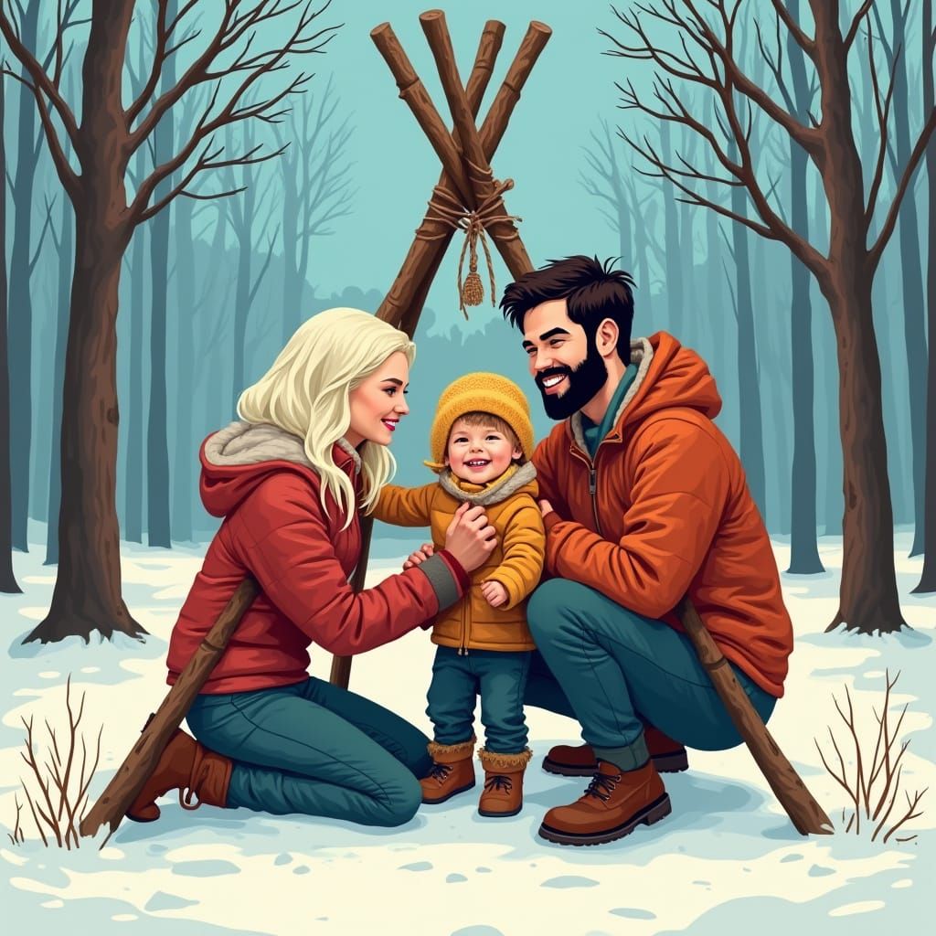 Happy Family in Winter Wonderland Scene