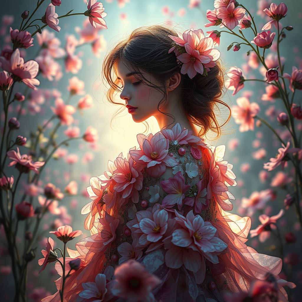 Ethereal Flower Girl Portrait in Art Nouveau Style