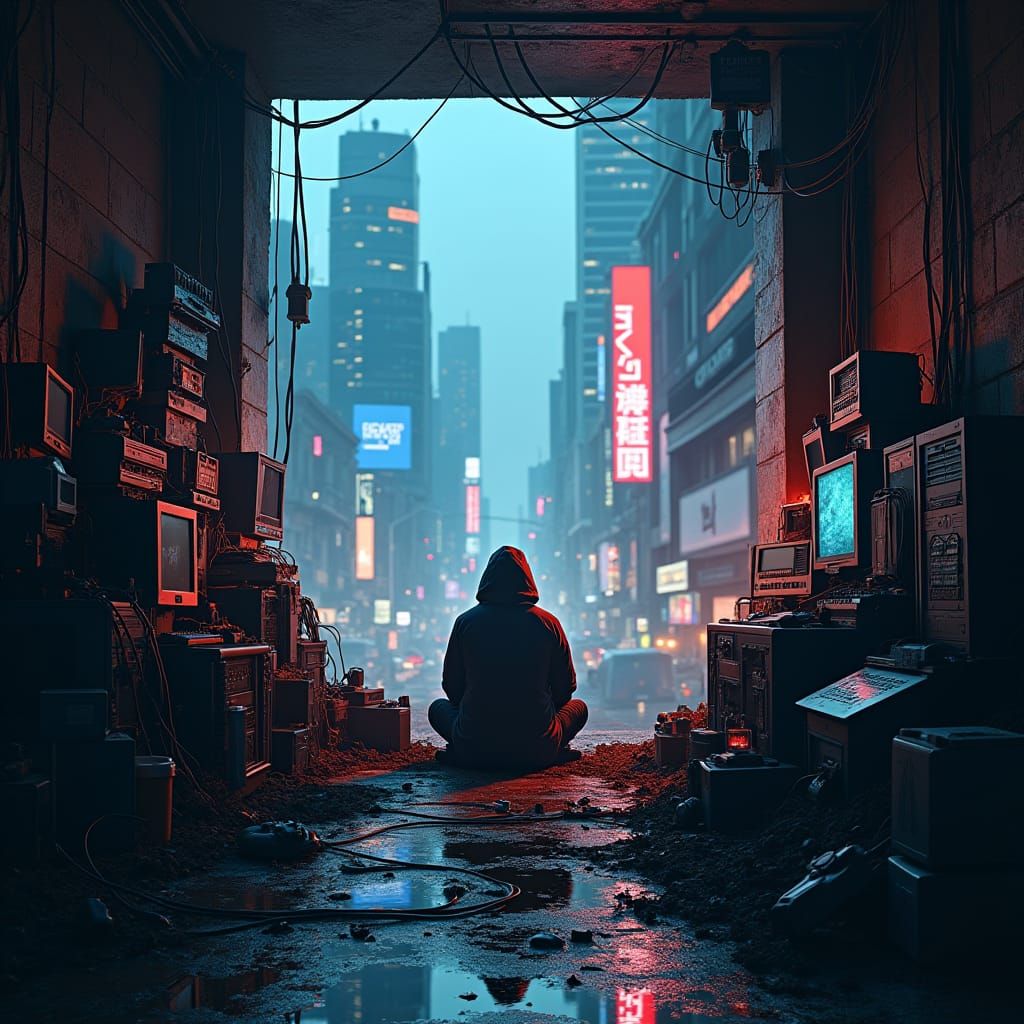 Cyberpunk Gamer in Dystopian Underground Lair