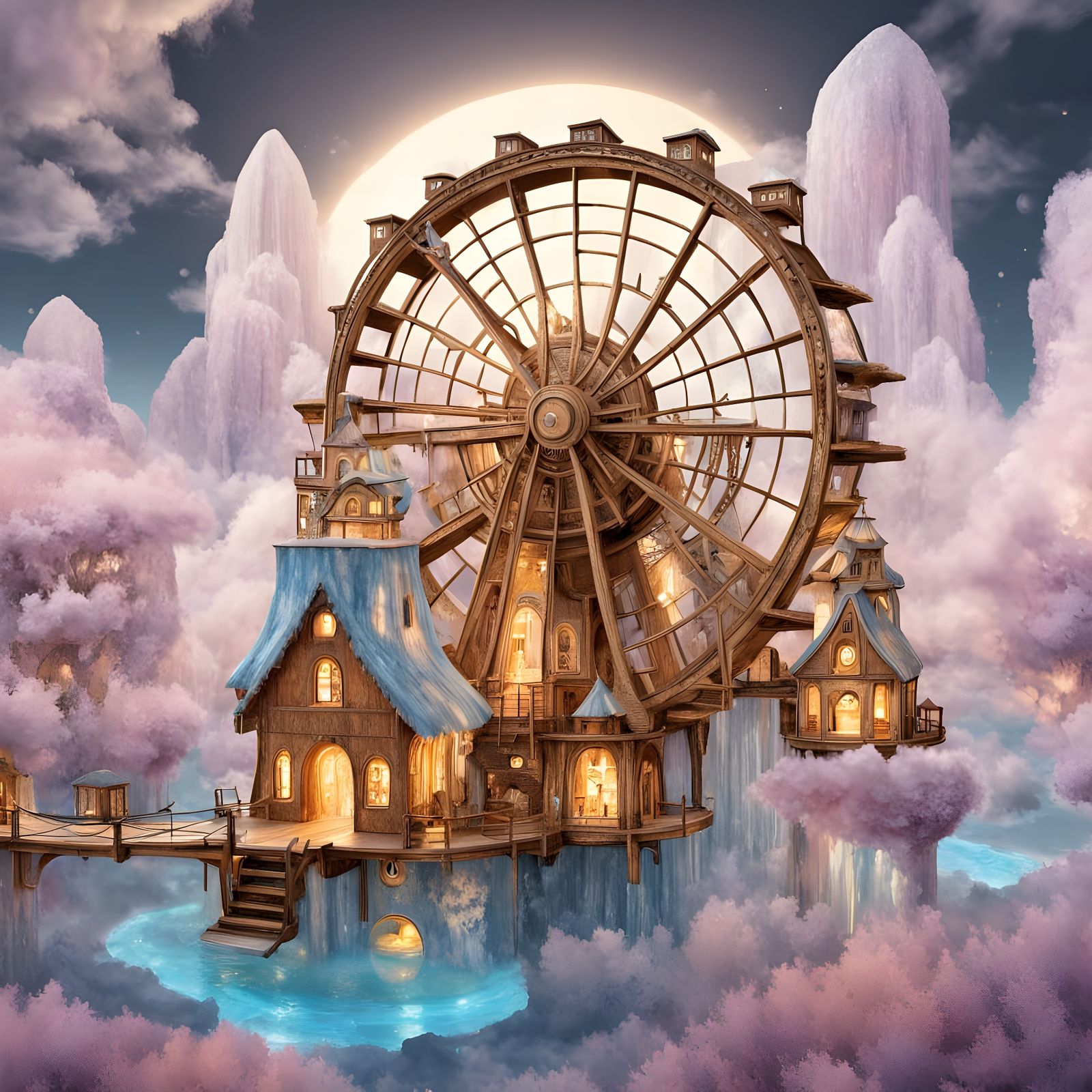 Crystal Fantasy Village with Glowing Waterwheel