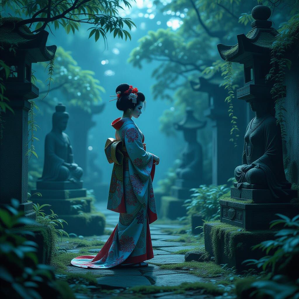 Geisha in Alien Garden, Ethereal Glow
