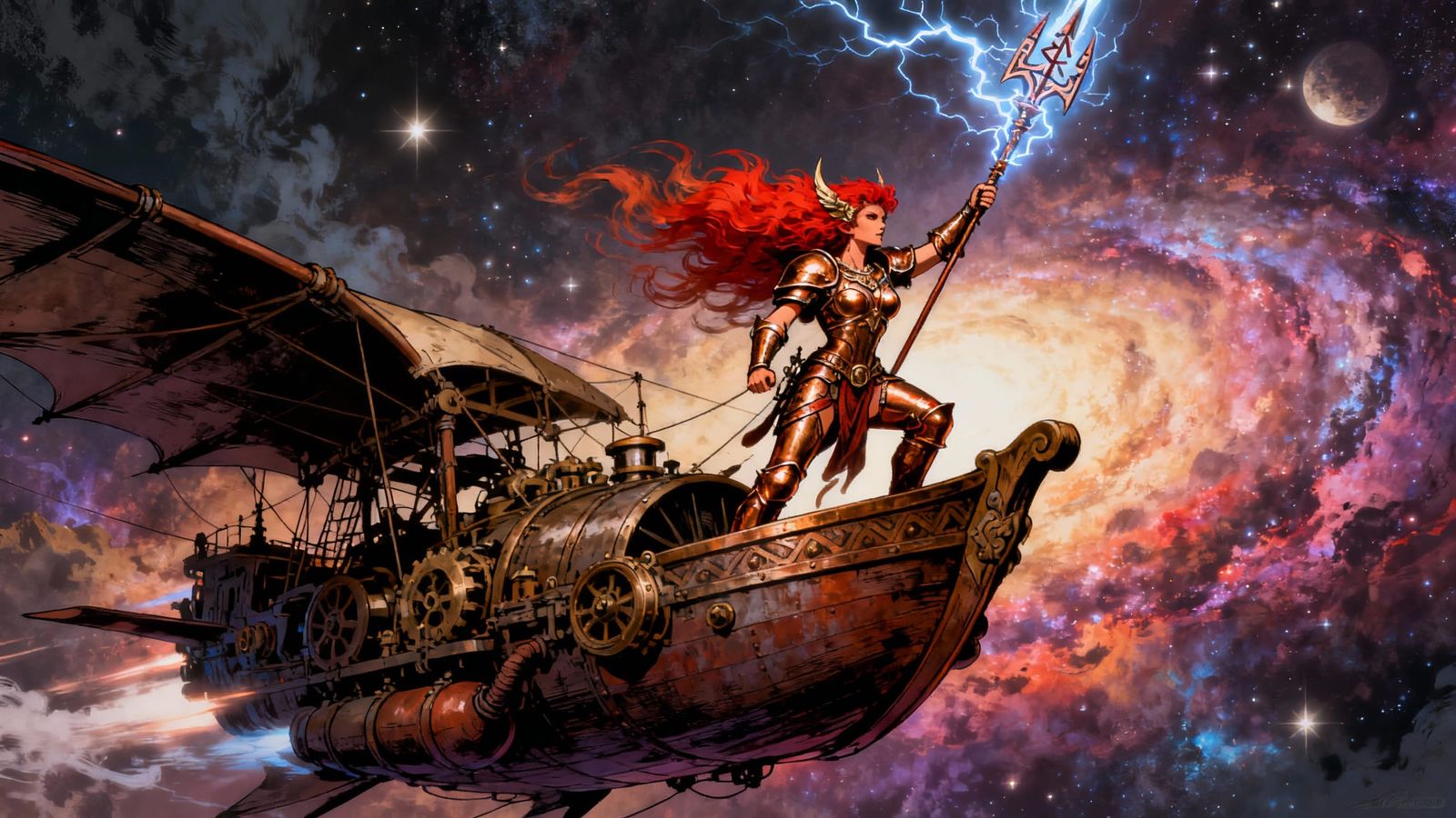 Valkyrie on Steampunk Airship in Nebula, Graphic Novel Style
