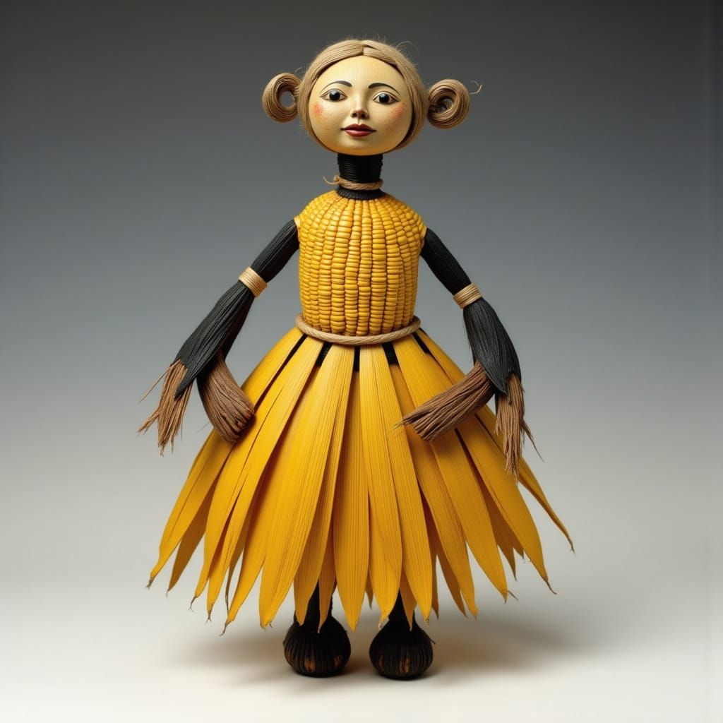 Corn Shuck Doll with Pebble Face in Woodcut Style