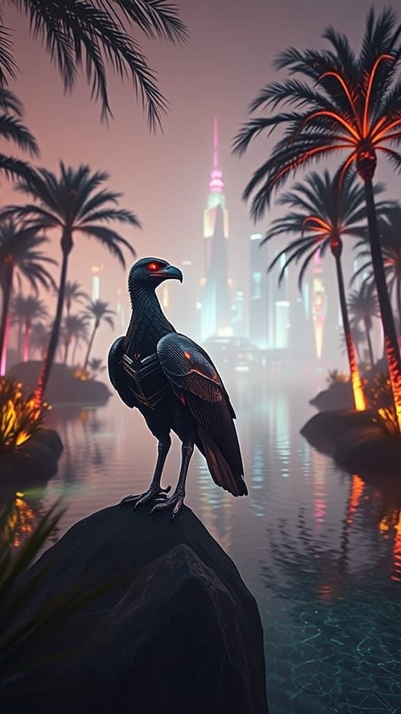 Cyberpunk Vulture in Oasis Landscape, in CKNC Style