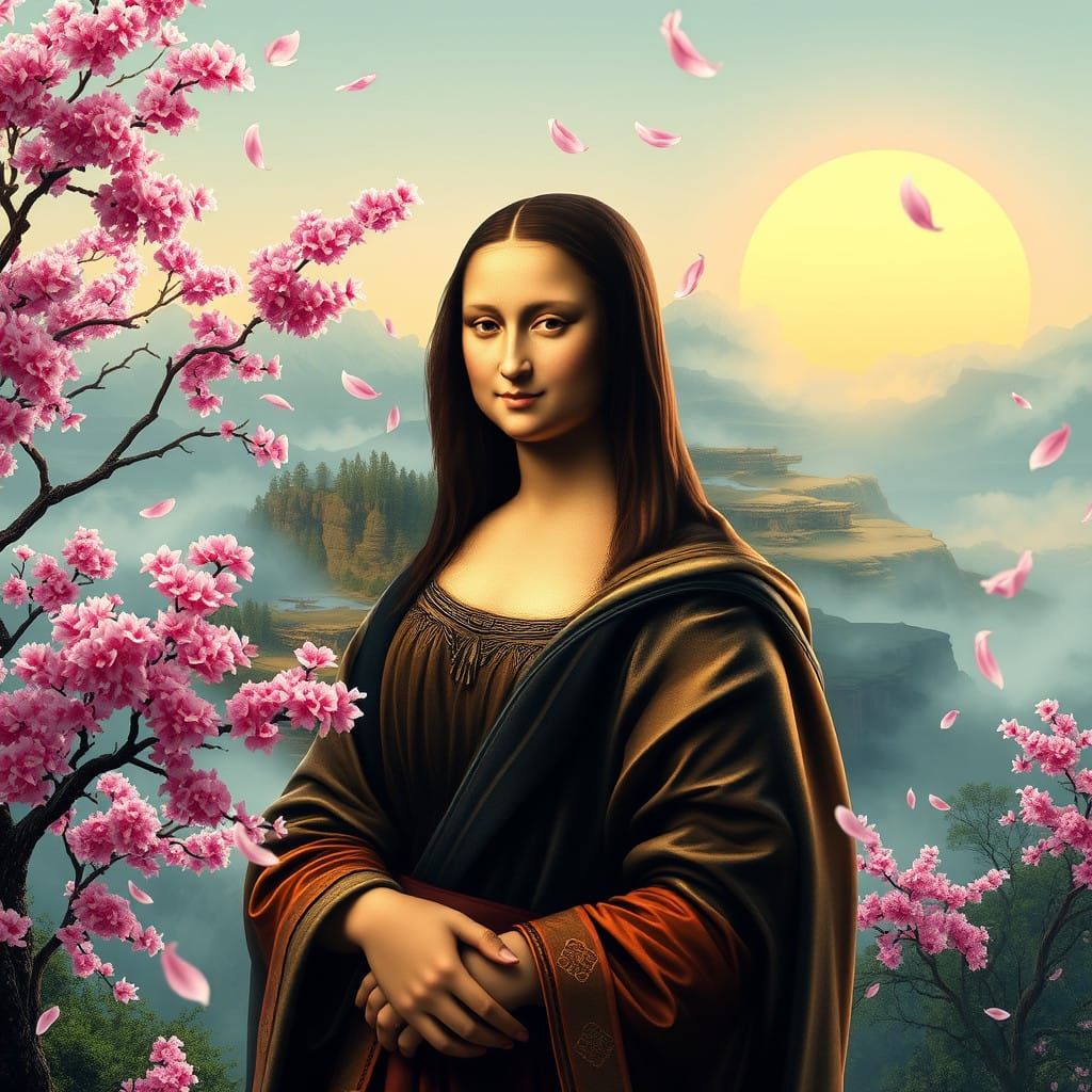 Surreal Ninja Mona Embodies Feudal Secrets in Cherry Blossom...