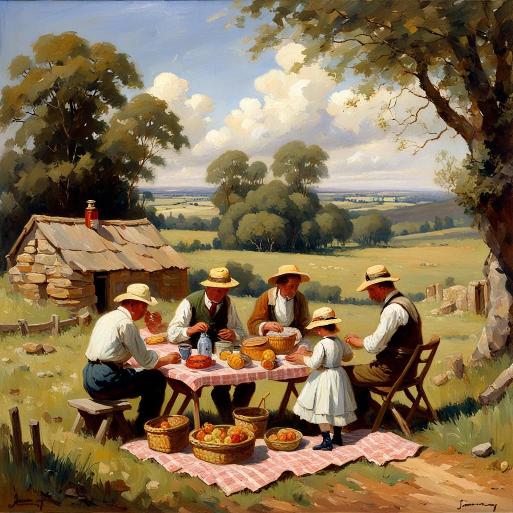 Family Picnic in Countryside, Oil Painting Style