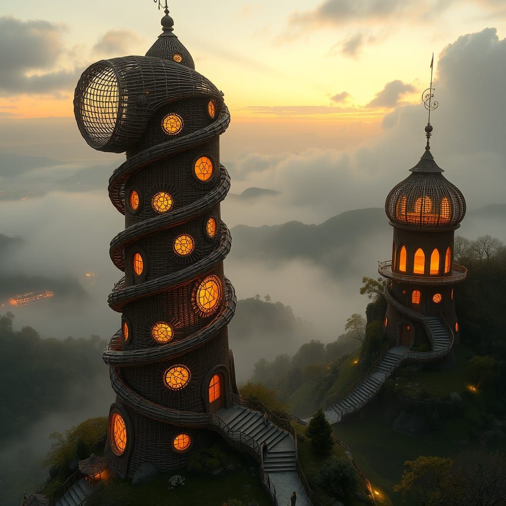 Fantasy Wicker Tower at Dawn in Anime Style