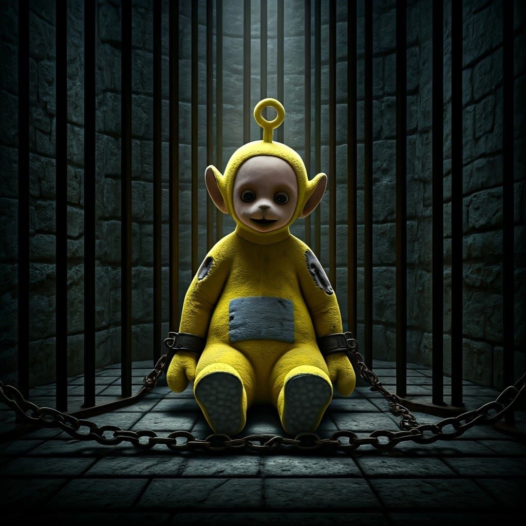 Medieval Teletubby Bound in Dark Fantasy Dungeon