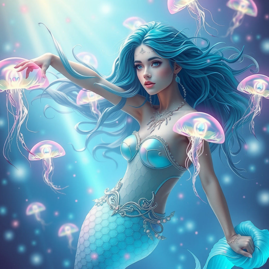 Surreal Mermaid Goddess Radiates in a Vibrant Neon Dreamscap...