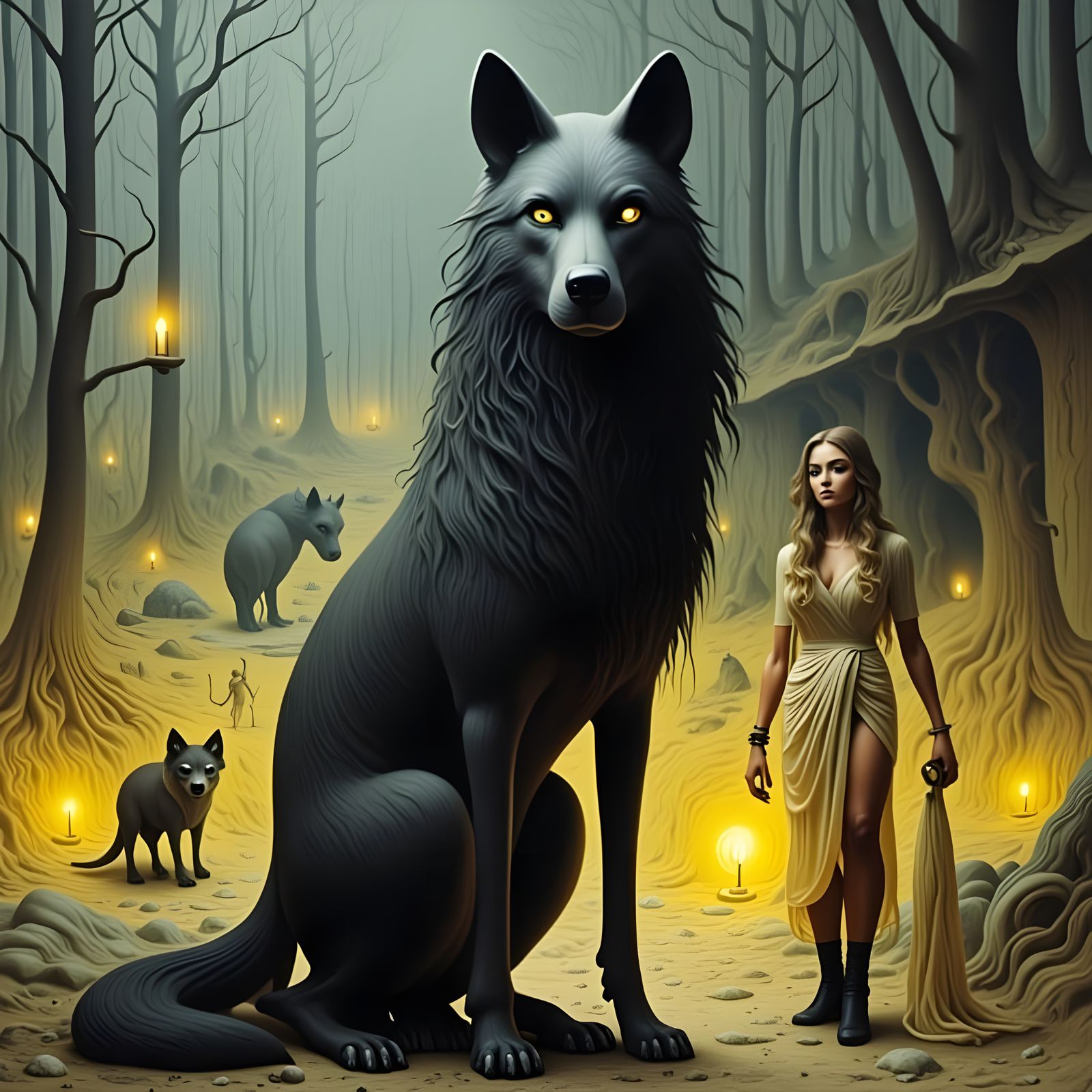 Woman in Whimsical Woodcut Style, Surrounded by a Fierce Bla...