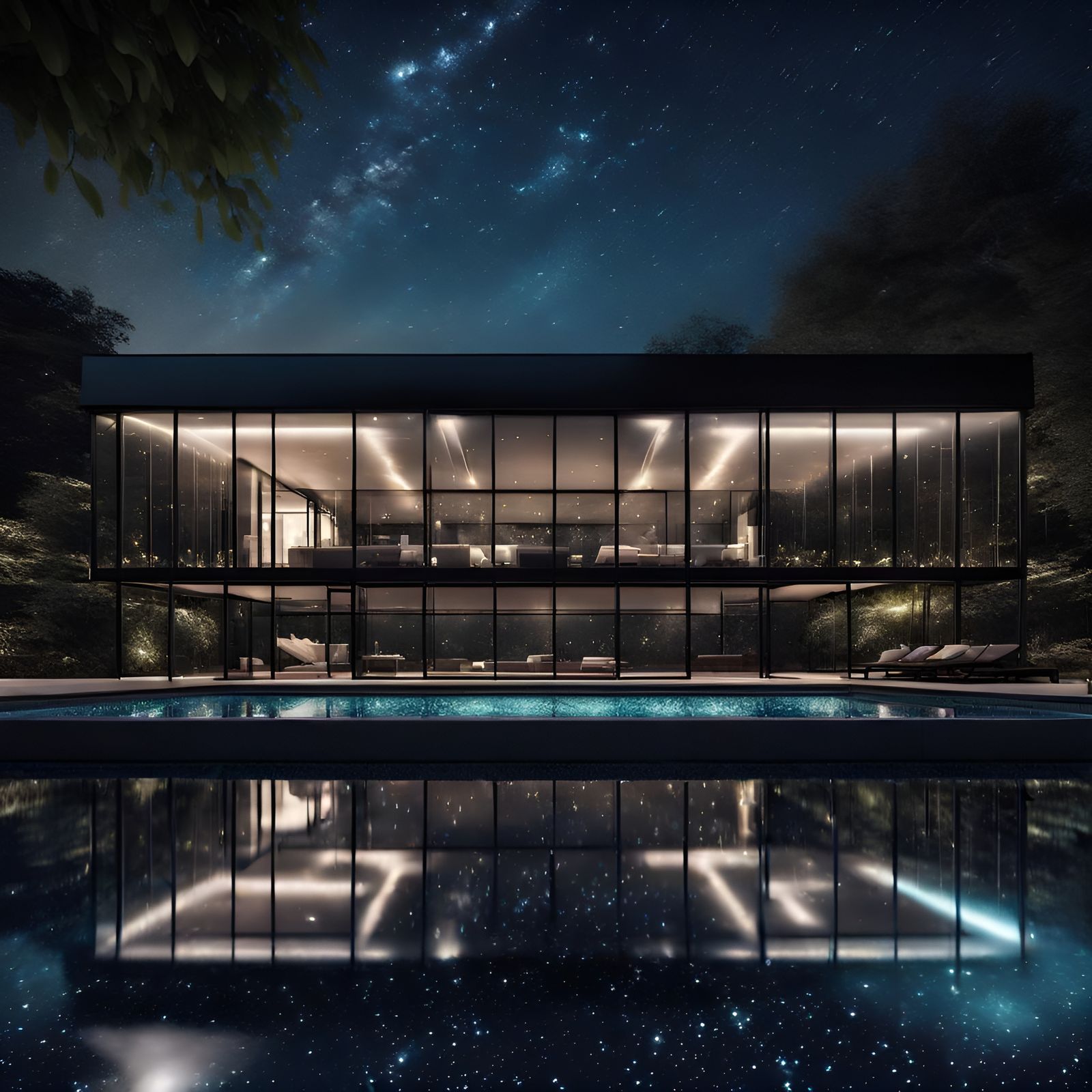 Luxury Glass Mansion Under Sparkling Starry Sky