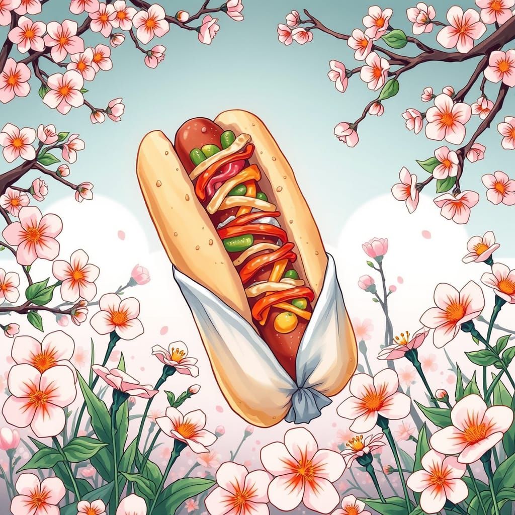 Manga-Style Hotdog in Japanese Garden