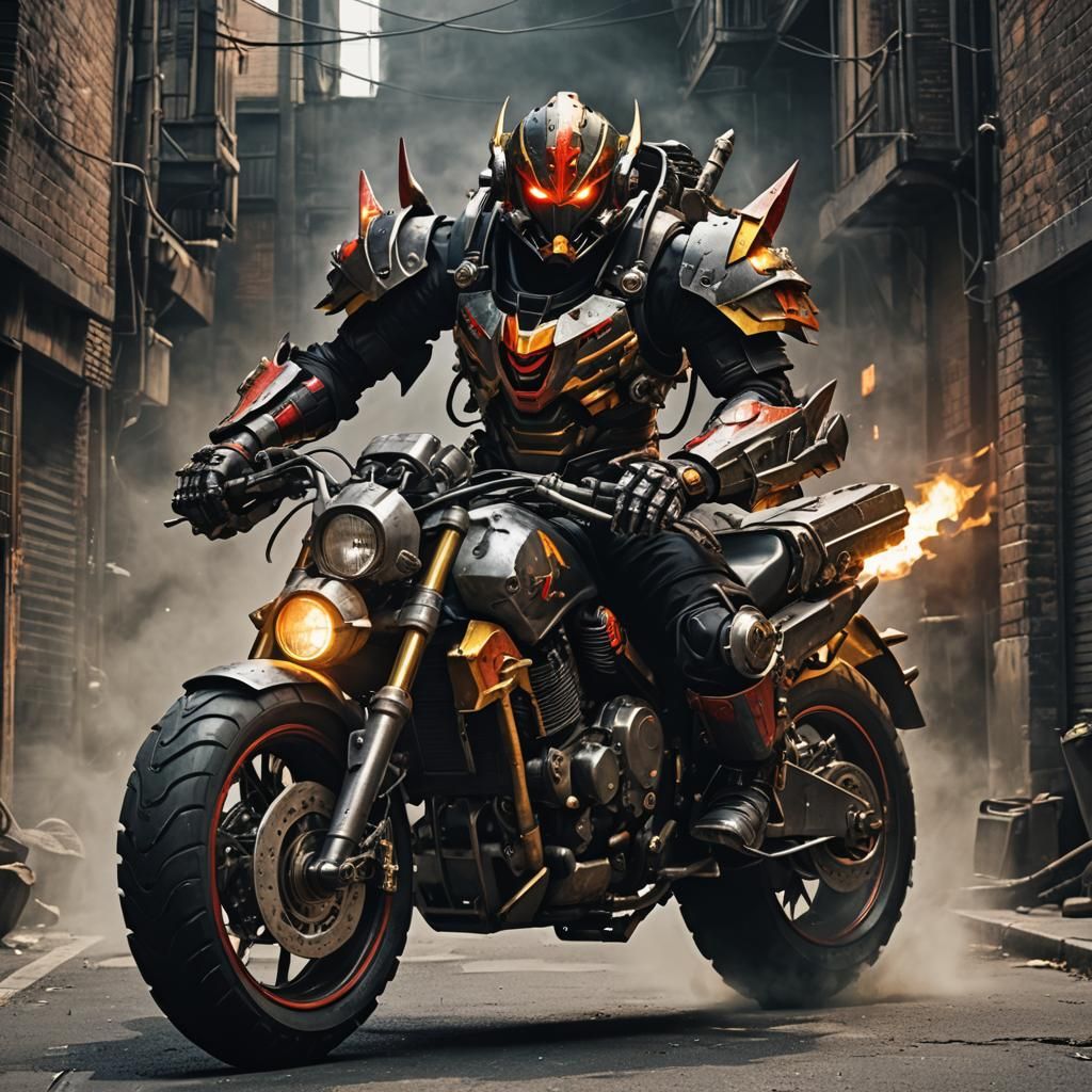 Goblin-Inspired Kamen Rider Mecha in Dark Alleyway