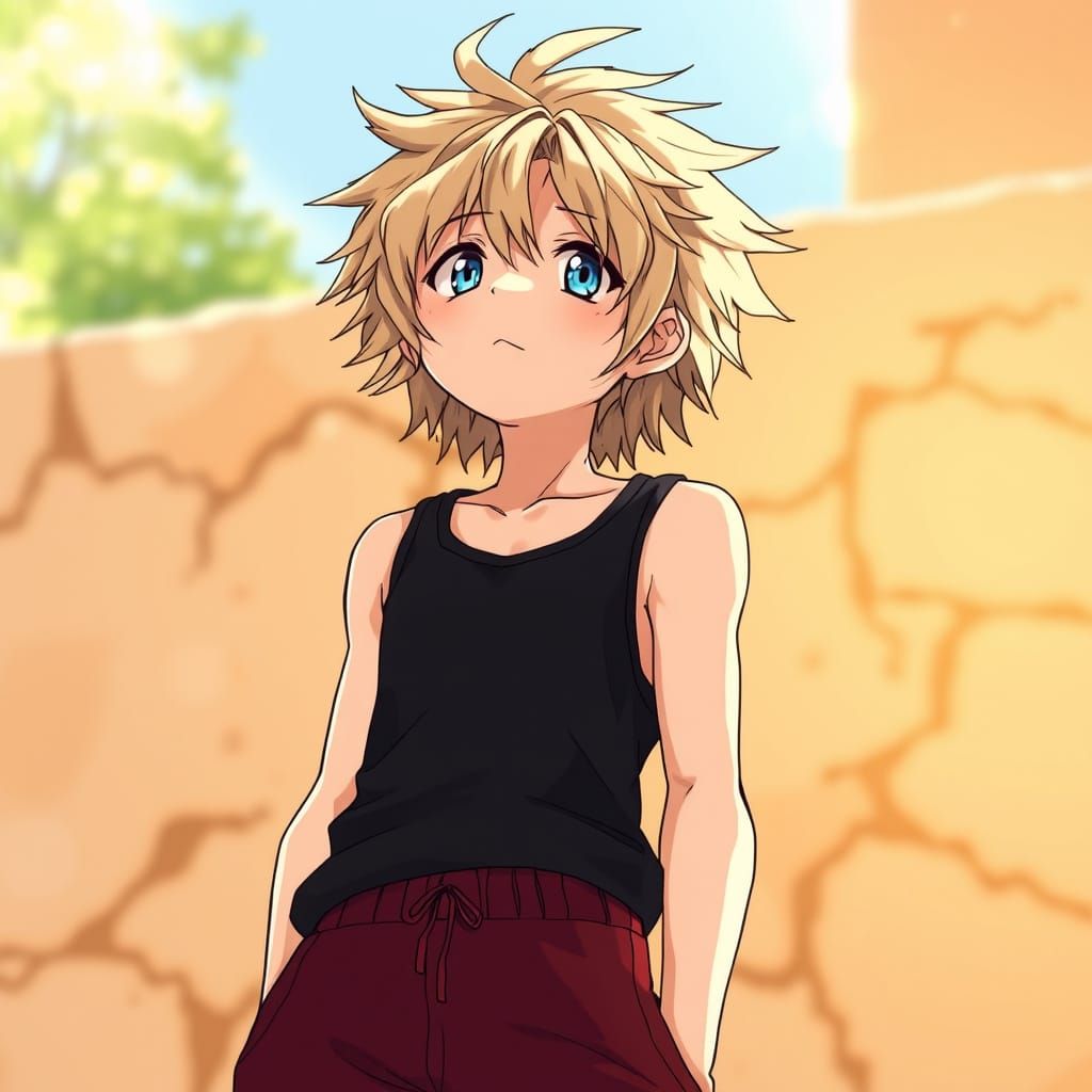 Masculine Anime Boy with Messy Blonde Hair Gazing Up