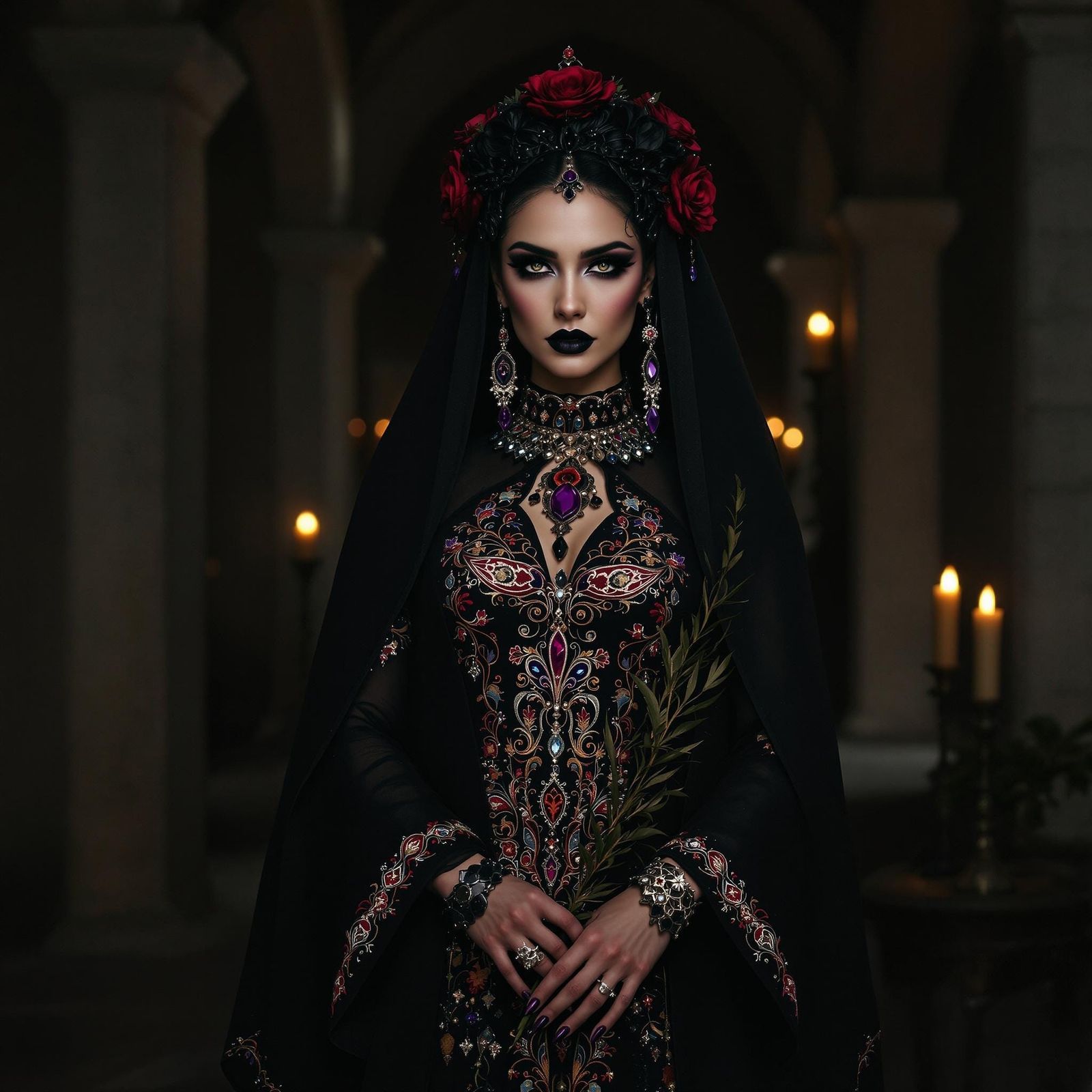 Mysterious Gothic Beauty in Flowing Black Gown with Vibrant ...