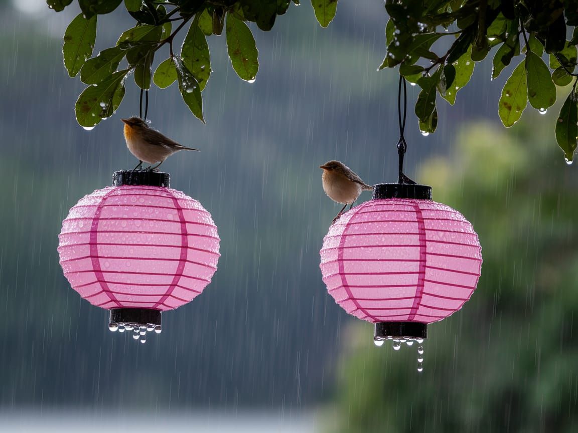 Vibrant Birds Perched on Pink Lanterns After the Rain