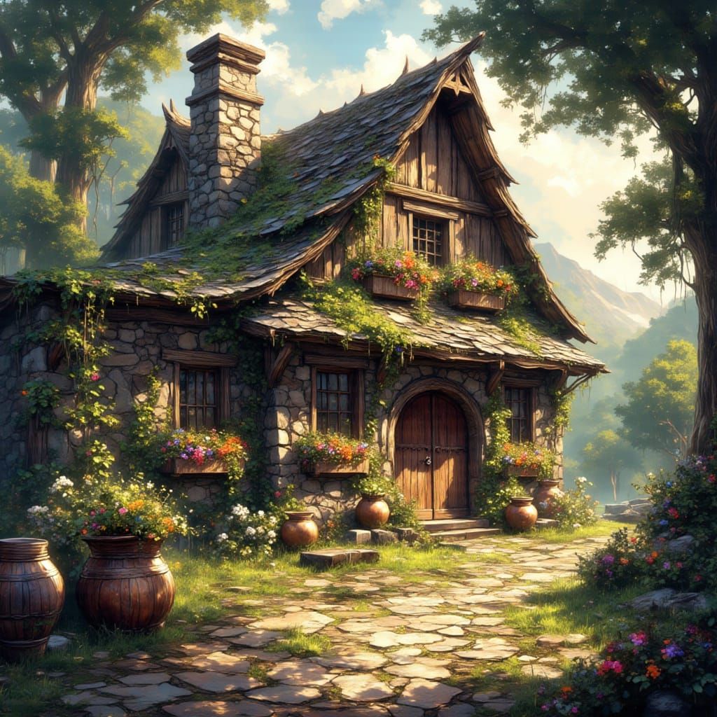 Whimsical Rustic Tavern Amidst Enchanted Forest