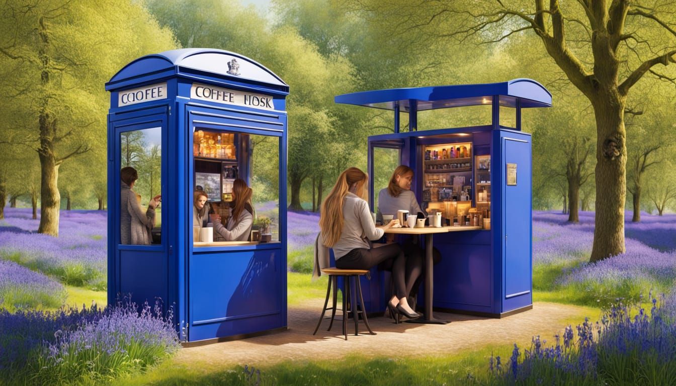 Fantasy Coffee Kiosk in Bluebell Meadow, Hyper Realistic
