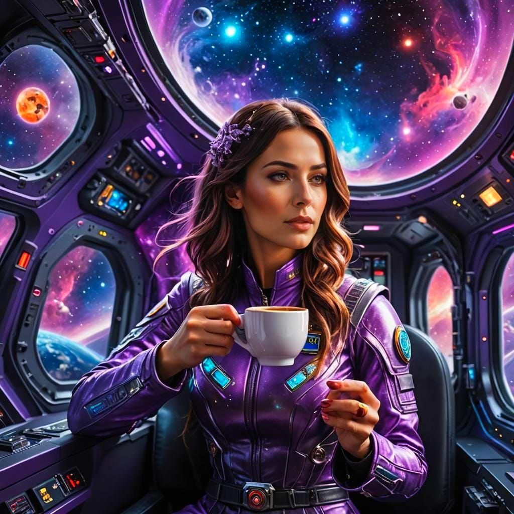 Serbian Woman Drinking Coffee on Spaceship, Hyperrealistic