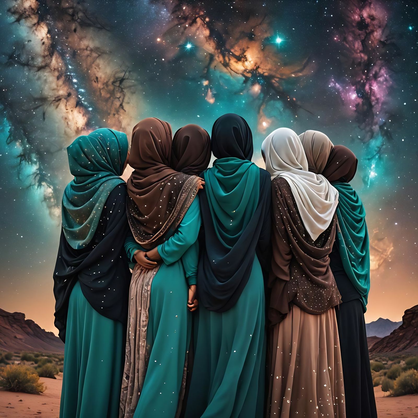 a realistic photograph of 7 hijabi girls holding each others shoulders, huddled together. View them from the back. They ...