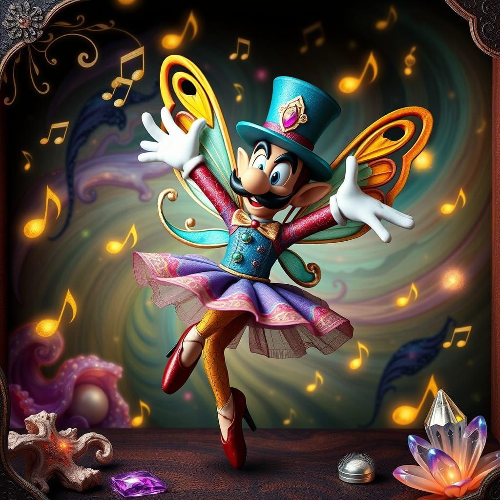 Vibrant Music Box Ballerina Waluigi in Whimsical Style