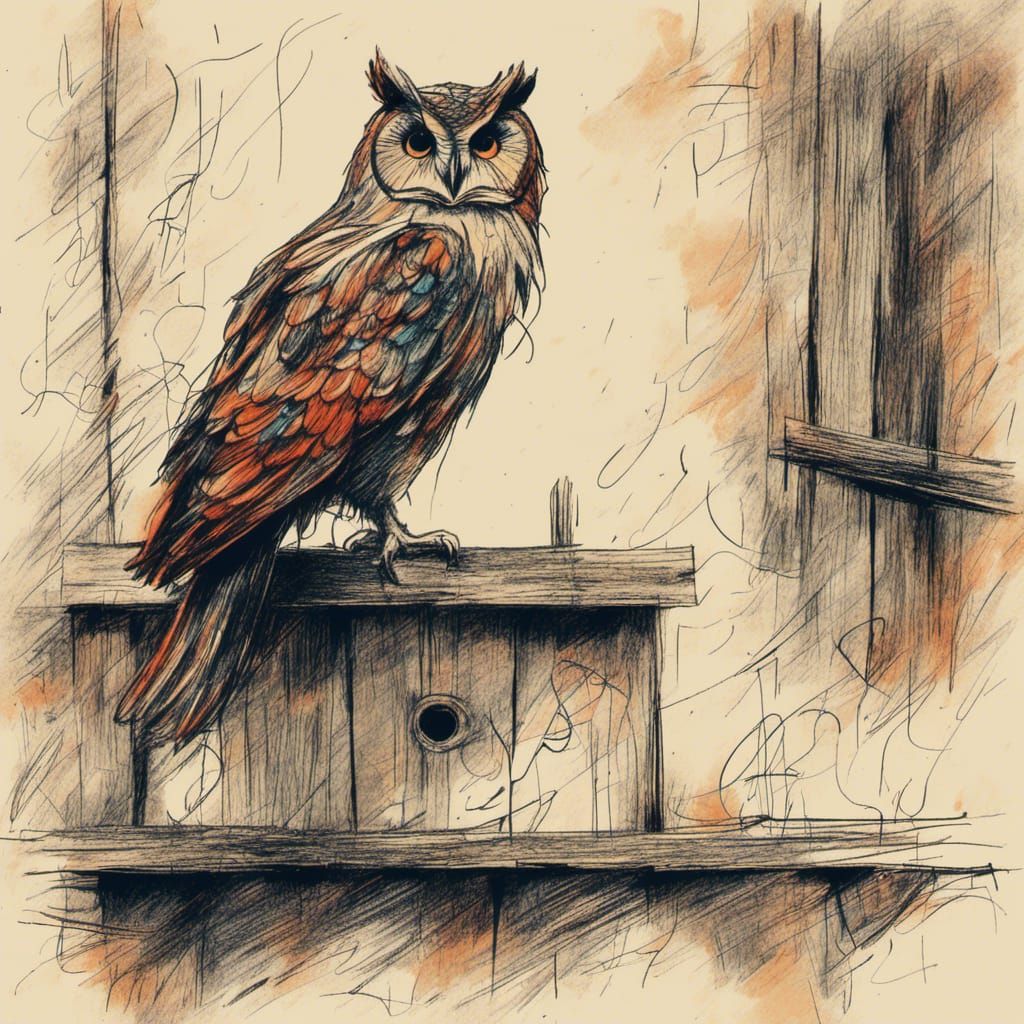 Owl in a Barn Attic with Minimalist Scribbles