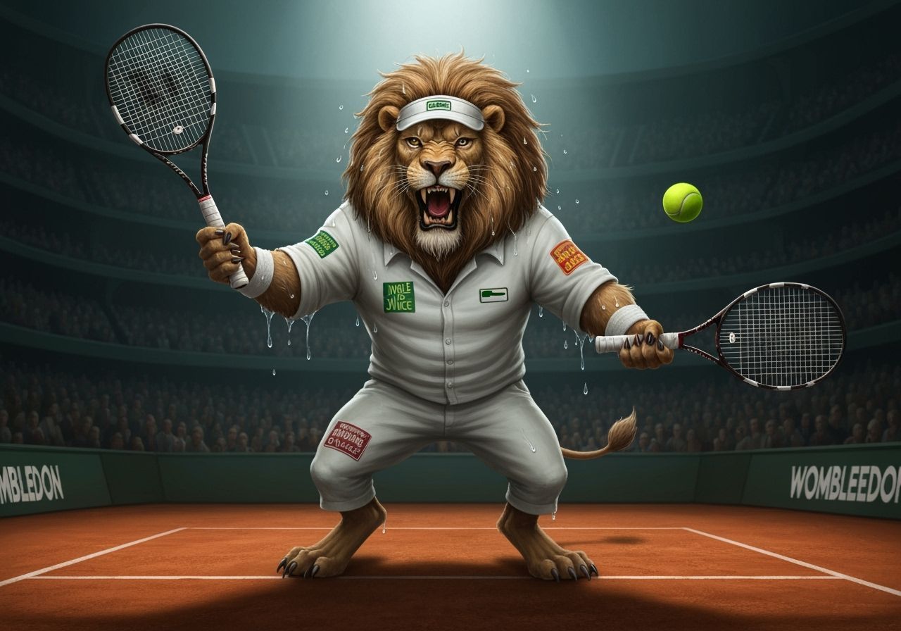 Lion Serves at Wimbledon in Dark Fantasy Style