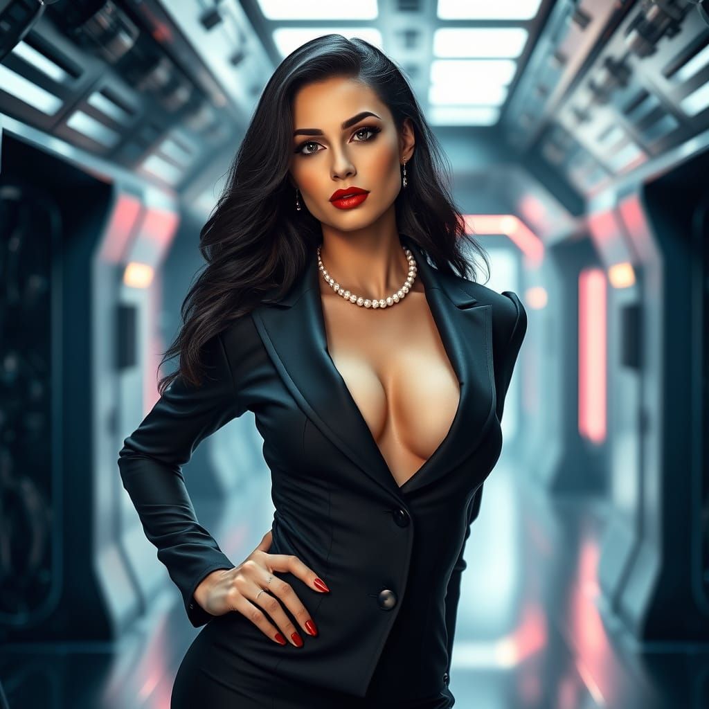Elegant Woman in Futuristic Horse Riding Attire