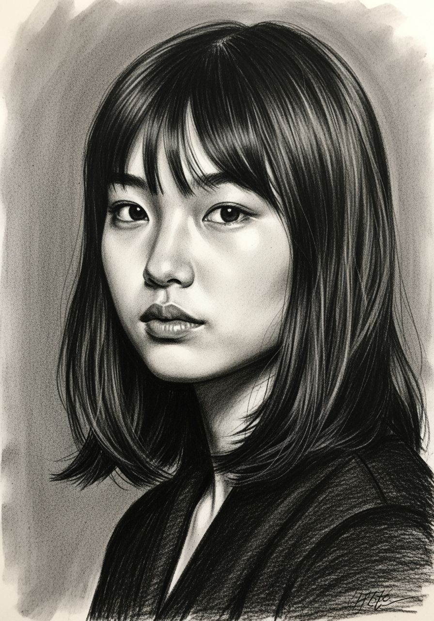 Elegant Portrait of Kaho Shibuya as Charcoal Drawing