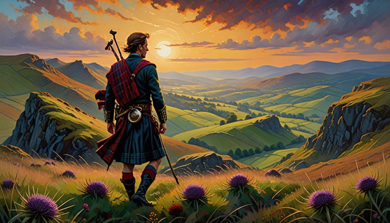Neo-Impressionist Oil Painting of Scotsman in Golden Hour