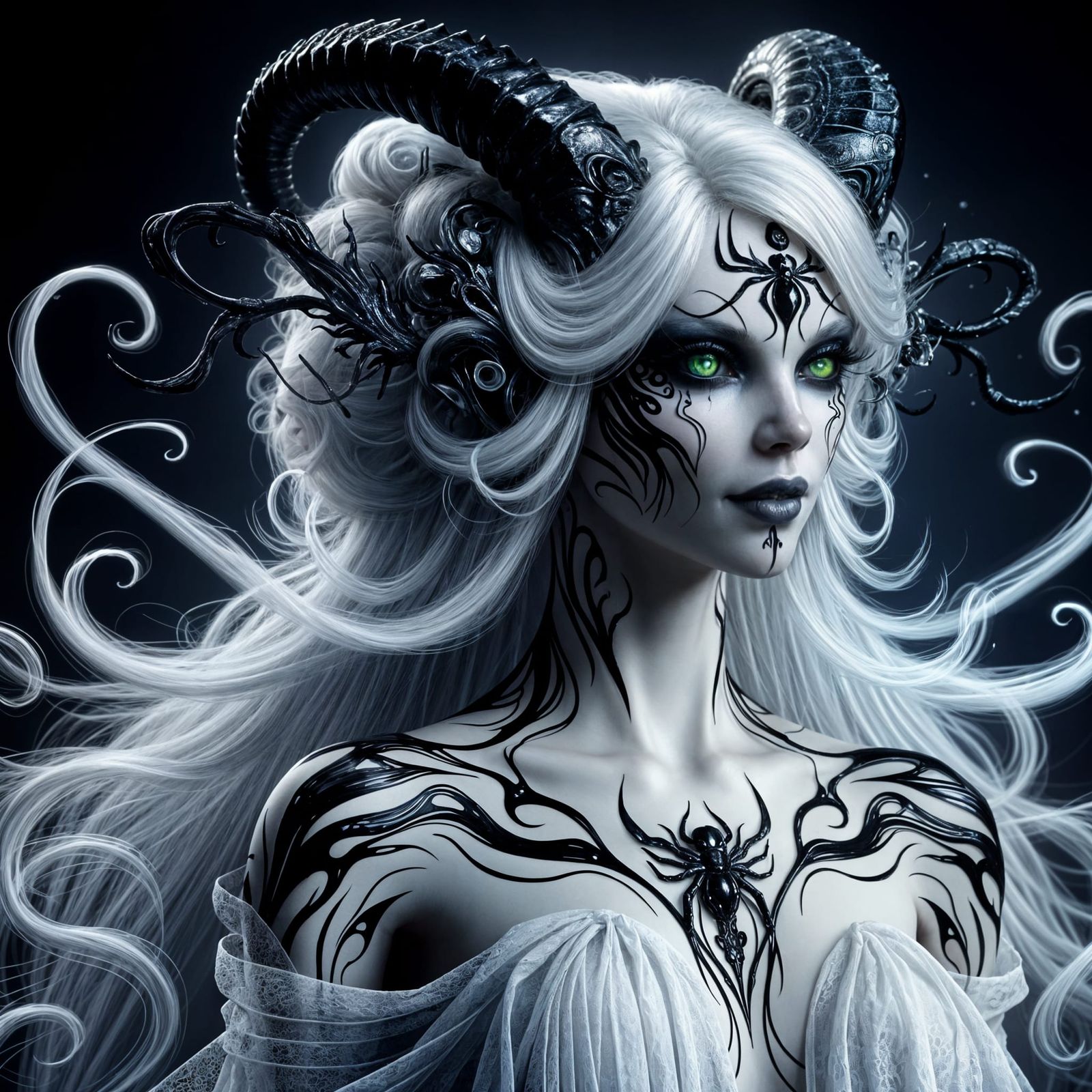 Ethereal Demoness with White Skin and Green Eyes