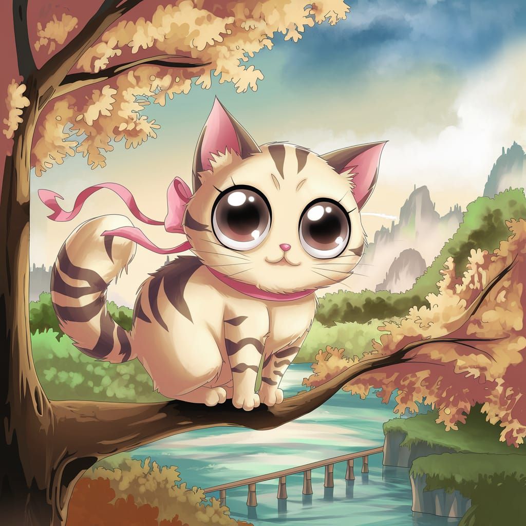 Kawaii Kitty Cat in Anime Style Landscape