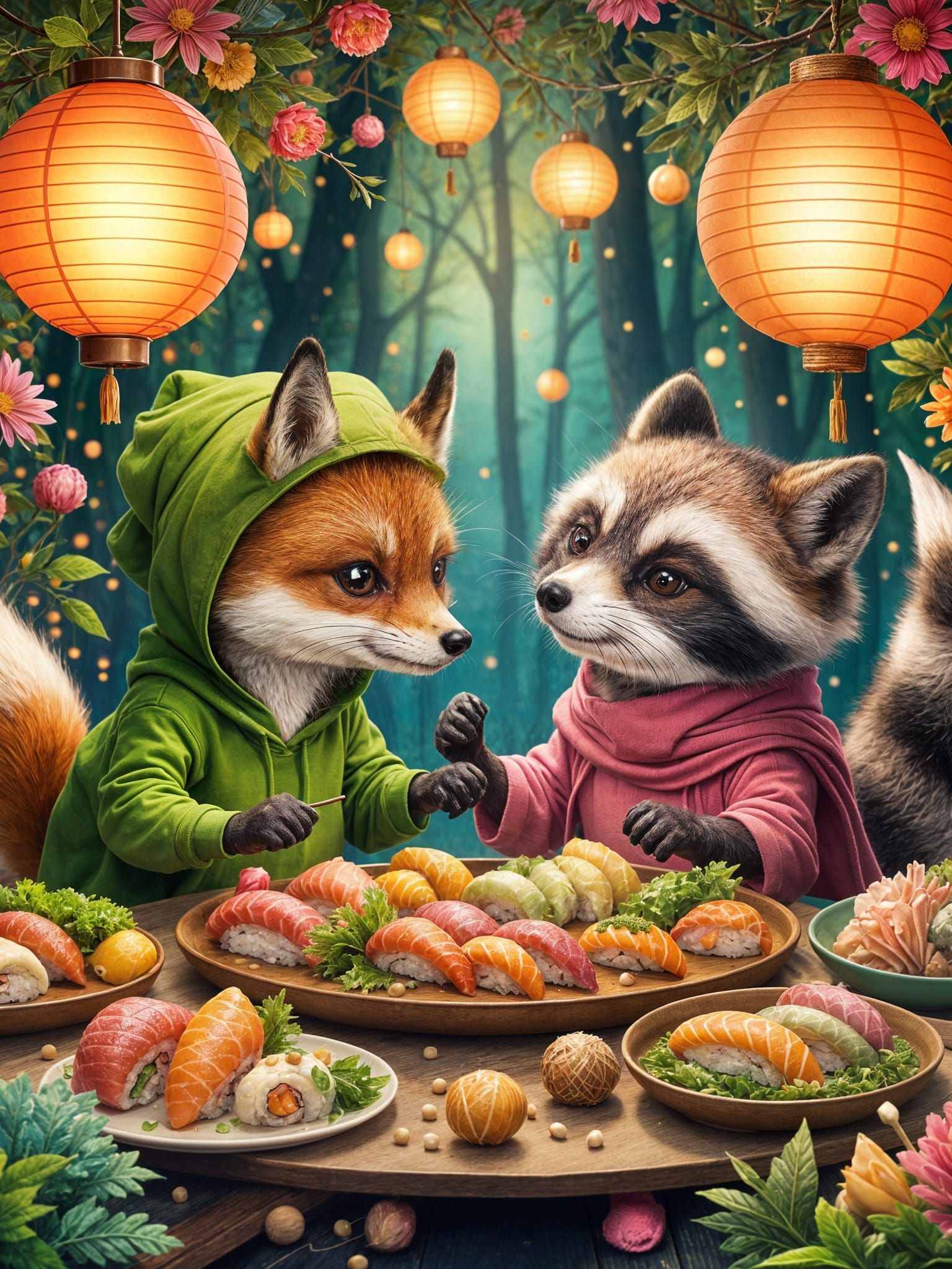 Cute Fox and Racoon Enjoying a Sushi Date