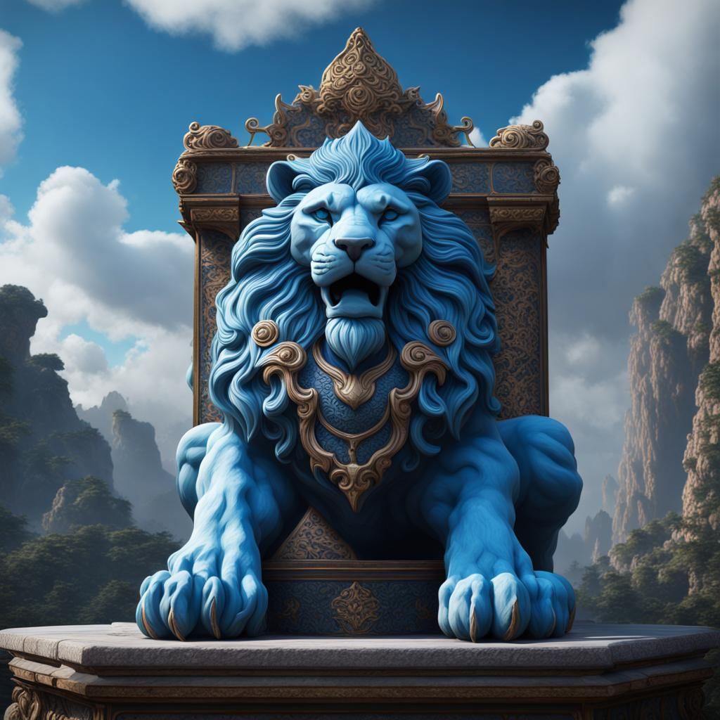 Blue Lion Stone Carving, Detailed Matte Painting