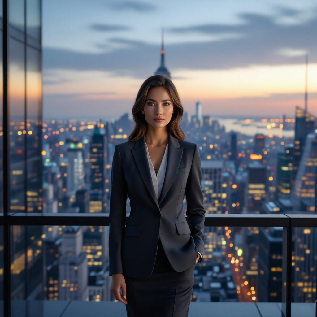 Businesswoman Overlooks Twinkling Metropolis at Dusk