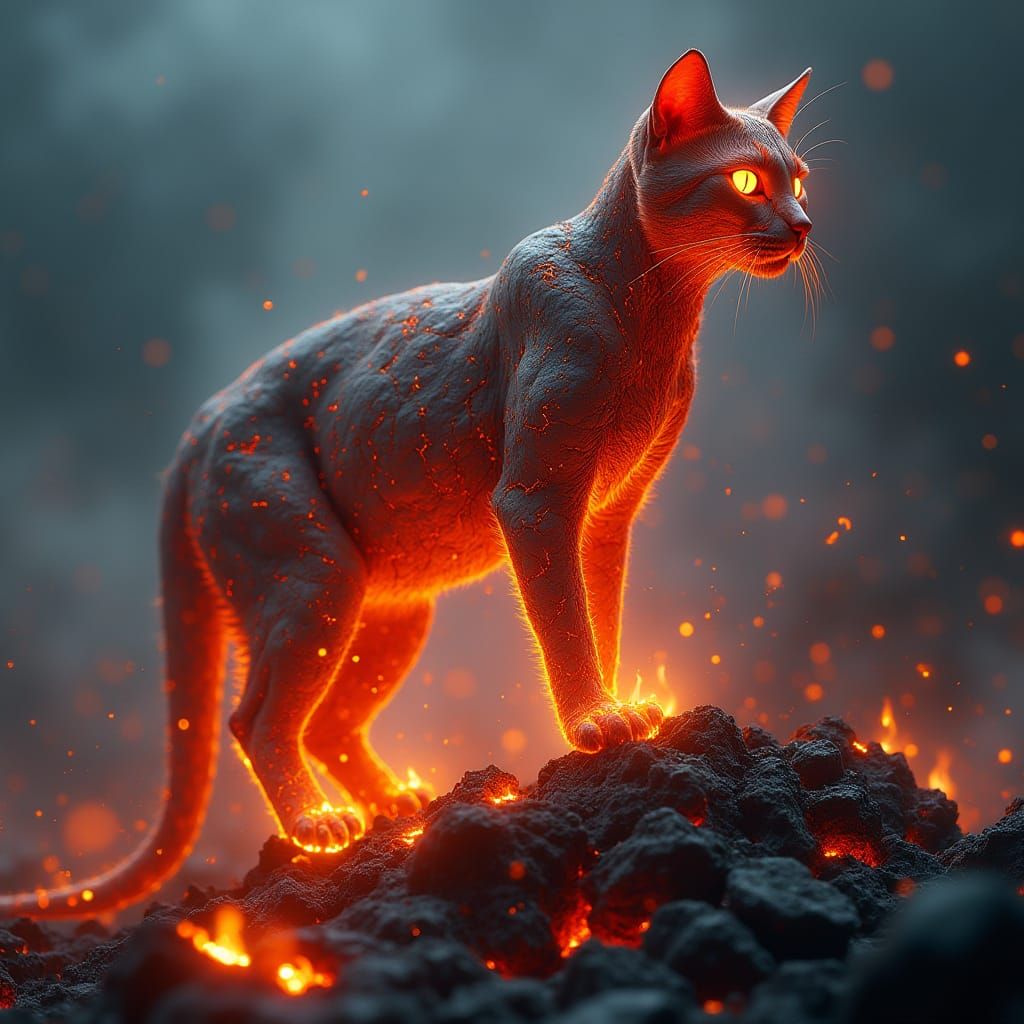Lava Cat: A Molten Feline in Dystopian Landscape