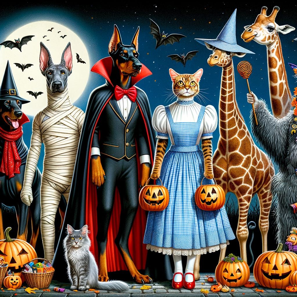 Animals in Halloween Costumes Celebrating Trick-Or-Treat