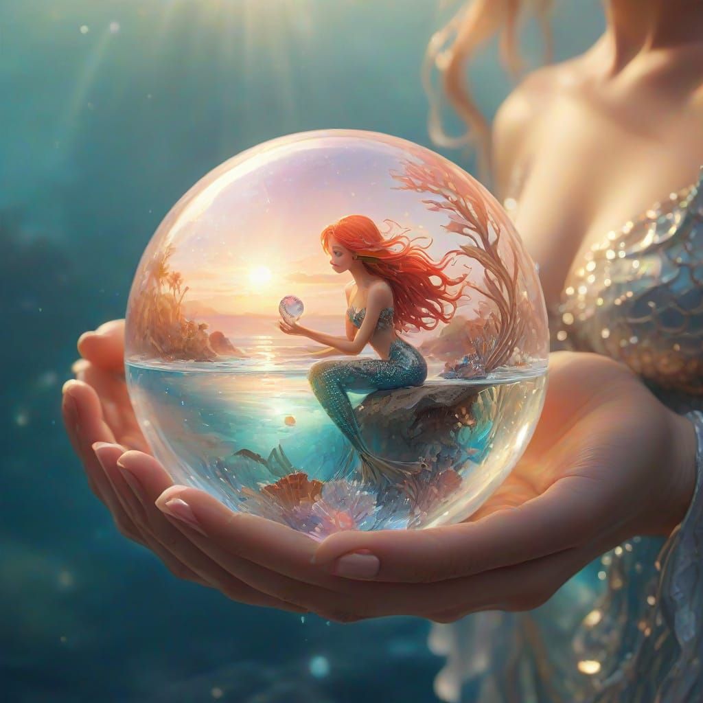 Mermaid Holding Crystal Ball in Watercolor Style