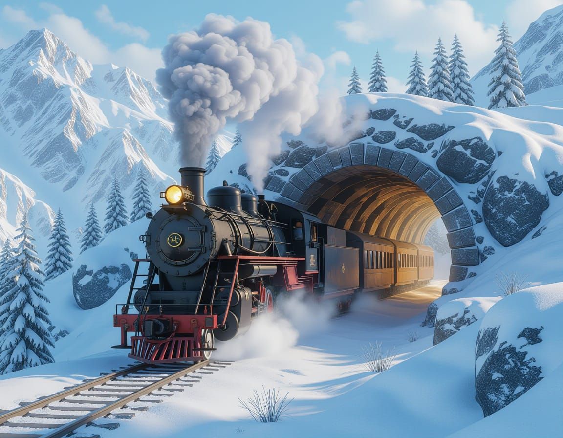 Steam Locomotive Exits Tunnel on Frozen Mountain Pass