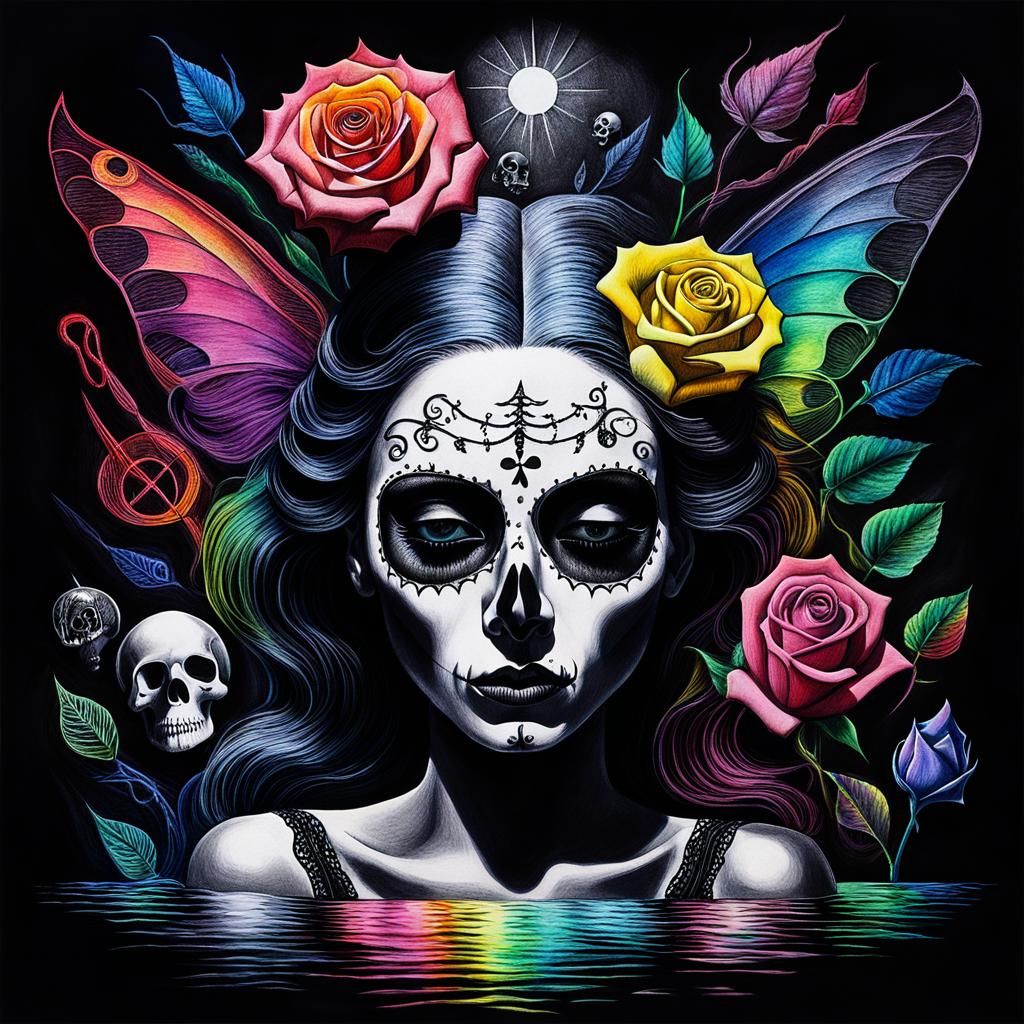 Surreal Crayon Drawing of Goth Woman with Skulls