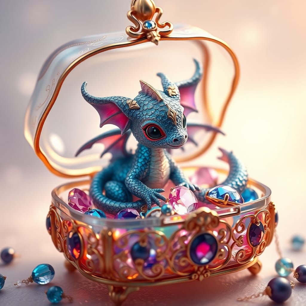 A cute miniature baby dragon sitting in a glass jewelry box overflowing with glowing glass jewelry.