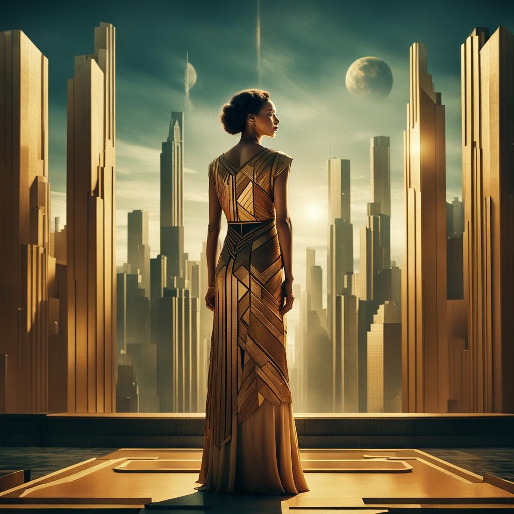 Art Deco Woman in Geometric Cityscape