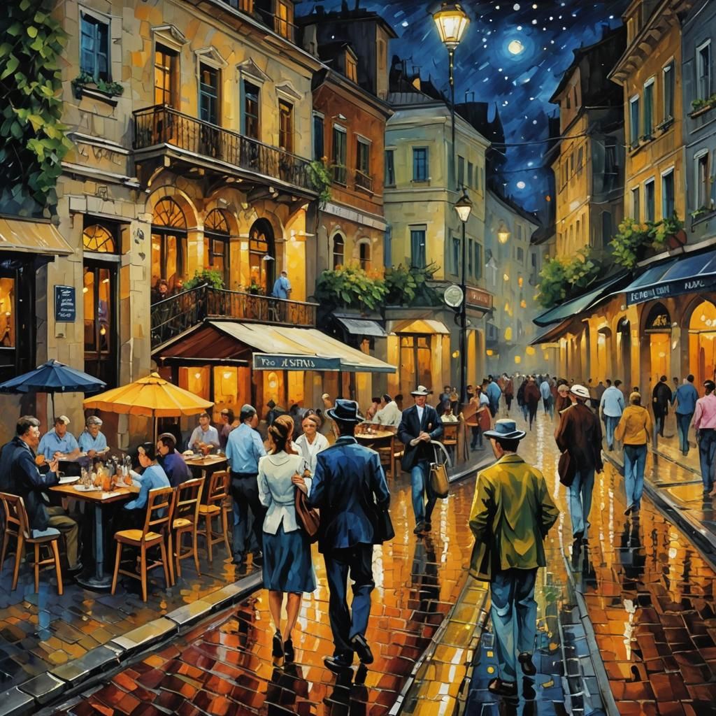 Roman Street at Night, Impasto Oil Painting
